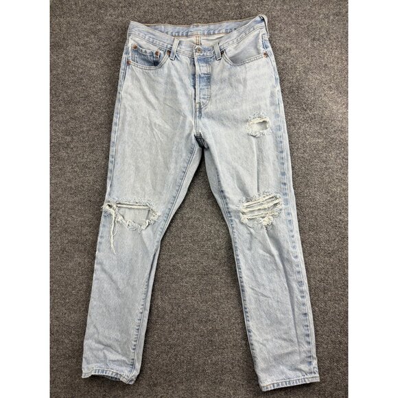 Levis 501 Jeans Mens 28x30 Light Wash Distressed Button Fly Denim High Rise - Picture 1 of 11
